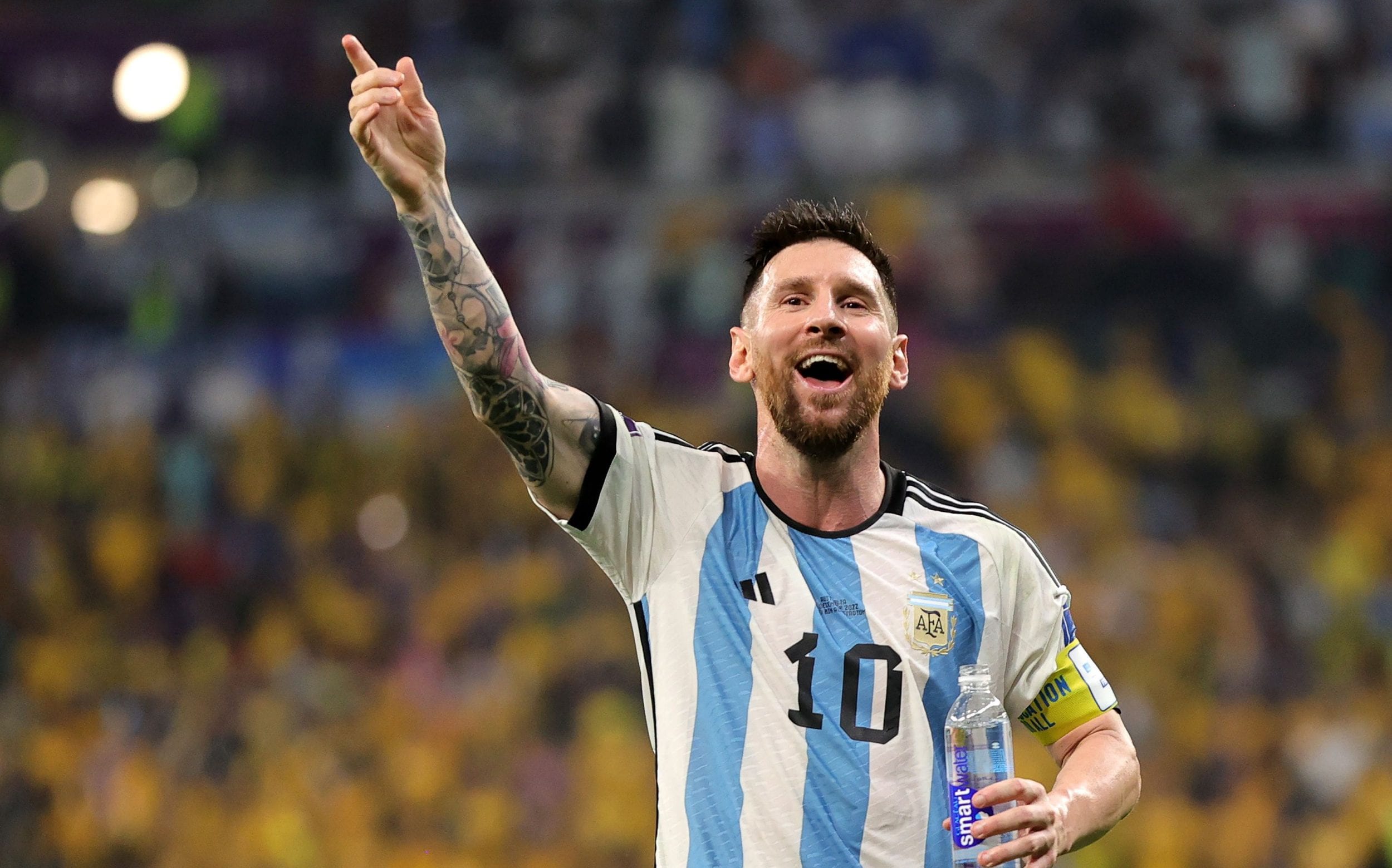 Argentina vs Netherlands FIFA World Cup 2022 Football Quarter Final: A Tough Fight for Semis. Lionel Messi cheering before the crowd during the match after scoring in the game