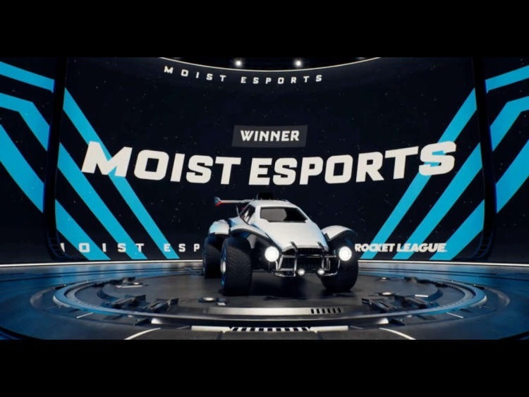 How to Join Moist Esports. Image of Moist Esports Rocket League. The image has a luxury car shown in the middle with blackish blue background of the image. This car is displayed for the winner of Rocket League.