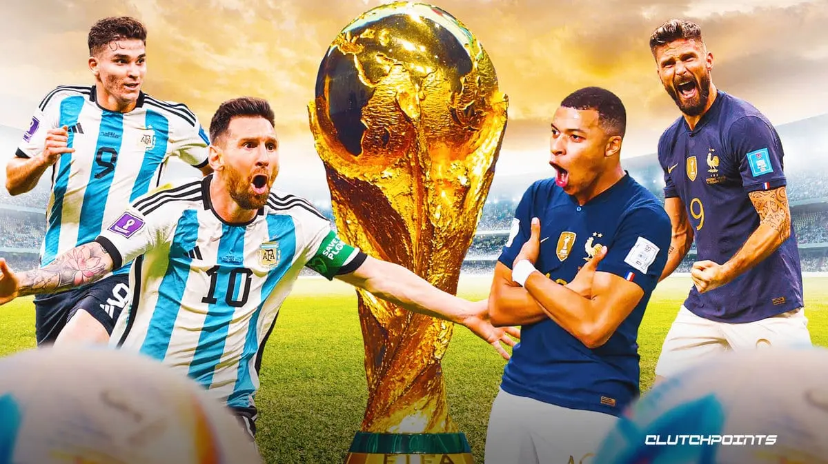 FIFA World Cup 2022 Final: Argentina vs France Epic Clash Starts Captains of Argentina and France are seen cheering and celebrating with one player each on either side. The FIFA World Cup 2022 Qatar Trophy can be seen in the middle, a glod trophy.