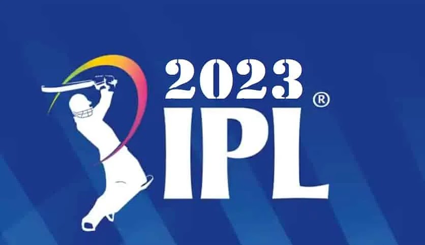 IPL 2023 Schedule, Fixtures, Venues, Team-wise Captains. A batsman's caricature showing the batsman hitting the ball over the shoulder's height. On the right of him is the IPL 2023 is written in artistic manner, with 2023 written on top of IPL