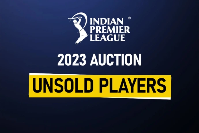 Unsold Indian Players in IPL 2023 The logo of Indian premier League 2023 with the blue background. Unsold Players is written on it on the yellow rectangular background